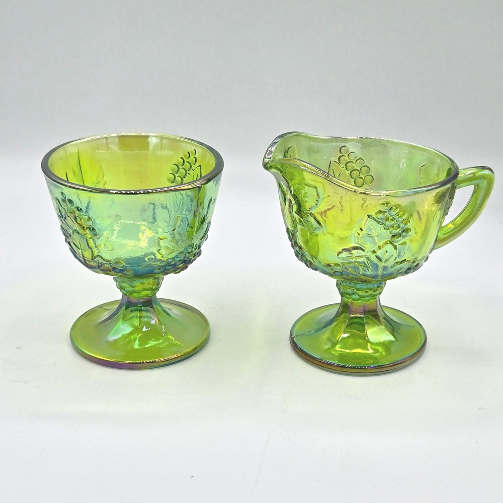 Vtg Indiana Glass Harvest Grape Carnival Iridescent Green 4" Creamer & Sugar Set